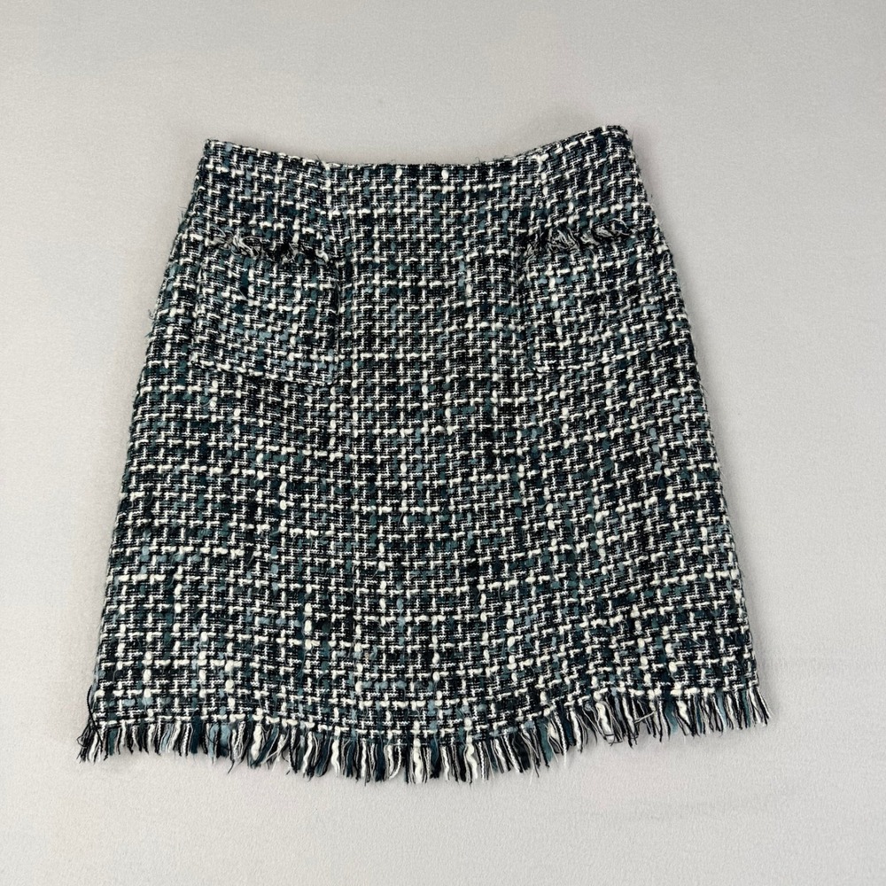 Ninety Women Tweed Mini Skirt Black Teal white Fringed Hem Size 4 Made in Canada